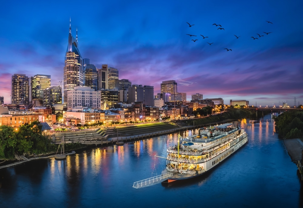 Nashville,Skyline,With,River,And,Sunset