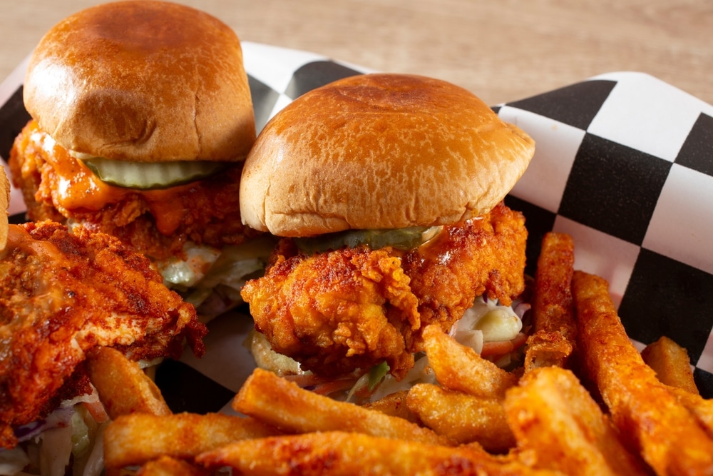 A,Closeup,View,Of,Two,Nashville,Chicken,Sliders.